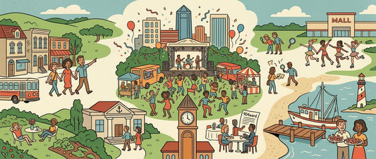 A detailed line-art collage illustration depicting local community events and traditions across Northeast Florida celebrating 904 Day.