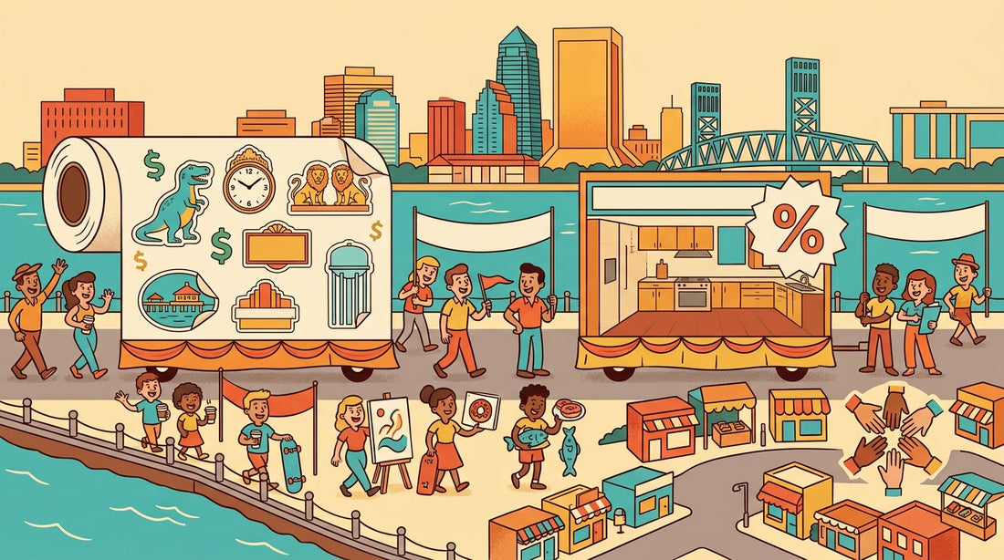 Vintage illustration of the Jacksonville skyline and riverfront parade celebrating 904 Day with landmark stickers and local business deals.