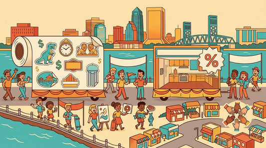 Vintage illustration of the Jacksonville skyline and riverfront parade celebrating 904 Day with landmark stickers and local business deals.