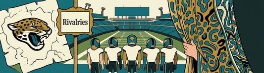 Jacksonville Jaguars football illustration: Five players on field of EverBank Stadium viewed through a swirling patterned curtain, with a sign reading 'Rivalries' and a vintage Jaguars logo on a tattered scroll. Retro art style, teal and gold colors