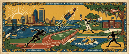Set in Jacksonville, Florida with a cityscape with bridges and landmarks. Depicts athletes in action, including a runner, a football player, a baseball batter, a swimmer, a basketball player, and a softball pitcher.