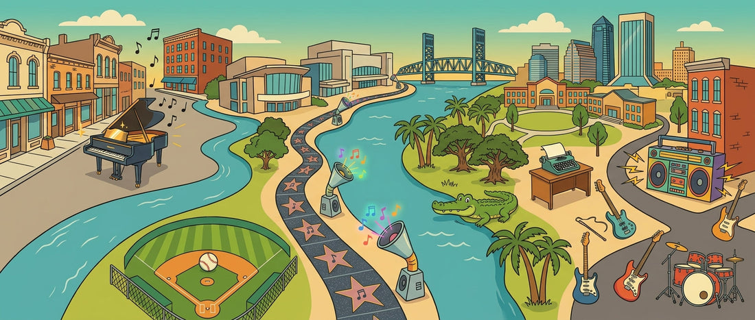 Illustration of Jacksonville, Florida, featuring the city skyline, a riverfront Walk of Fame with musical listening cones, a baseball field, and classic instruments including guitars, a grand piano, and a drum set.