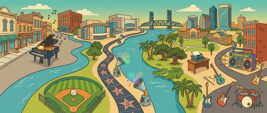 Illustration of Jacksonville, Florida, featuring the city skyline, a riverfront Walk of Fame with musical listening cones, a baseball field, and classic instruments including guitars, a grand piano, and a drum set.