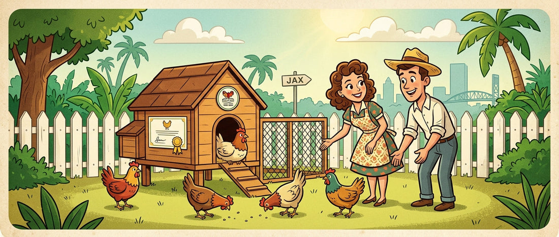 Vintage 1950s-style mid-century cartoon illustration of a smiling couple admiring their five backyard hens in a lush Florida suburban garden, complete with a classic wooden chicken coop and white picket fence.