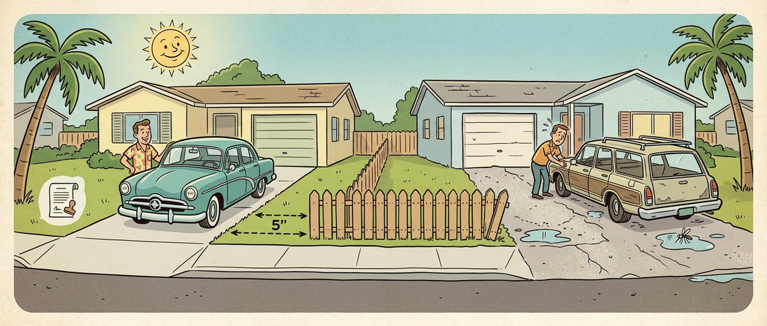 A comparative vintage image of two Florida houses. The left side features a compliant driveway with a 5-foot setbac, and a permit. The right side shows non-compliant driveway construction, drainage issues, and standing water.