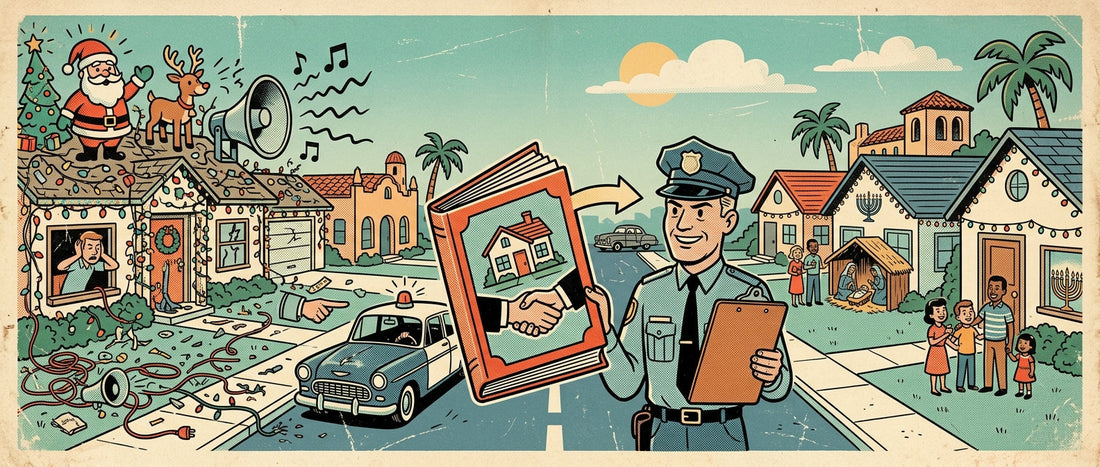 A vintage cartoon illustrating neighborhood holiday decoration rules, showing a loud, cluttered home on the left and a neat, multi-faith community with an authority figure on the right.