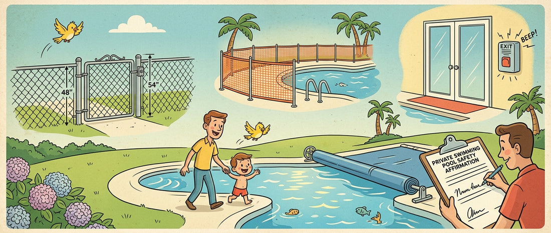 Cartoon illustration of a backyard pool displaying Florida residential pool safety features, including a compliant barrier fence, safety cover, mesh fence, and door alarm.