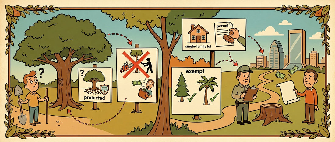 A illustration depicting a homeowner standing beside a massive oak tree with a shovel, permit stamps, and tree removal exemptions like pine and palm trees, while a city inspector hands out a violation notice beside a stump.