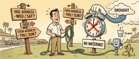 Retro-cartoon illustration of a homeowner navigating complex, confusing water conservation rules and irrigation restrictions.
