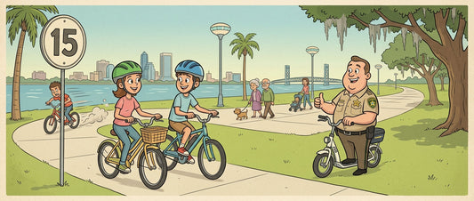 Illustration of Jacksonville, Florida, showing kids wearing helmets responsibly riding e-bikes past a 15 mph speed limit sign. A friendly sheriff gives a thumbs-up while a single helmetless rider speeds in the distance.