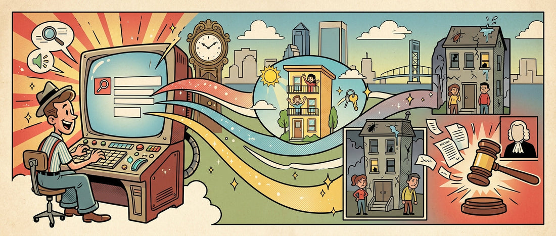 Cartoon illustration of a person researching Jacksonville rental housing code violations and eviction records on a retro computer.