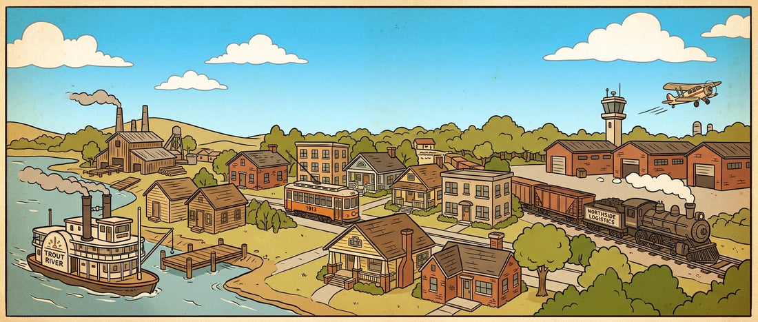 Cartoon illustration of Jacksonville's Northside featuring historic bungalows, an early 1900s trolley, riverboat, steam train, and local logistics hub.