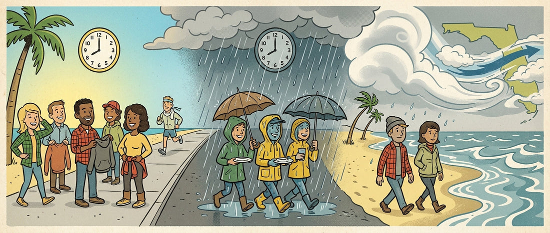 Cartoon of beachgoers navigating sunny, rainy, and cool Thanksgiving weather in Atlantic Beach, Florida.