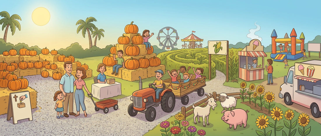 Bustling cartoon scene of a fall farm festival and pumpkin patch with a tractor wagon ride, corn maze, and petting zoo.