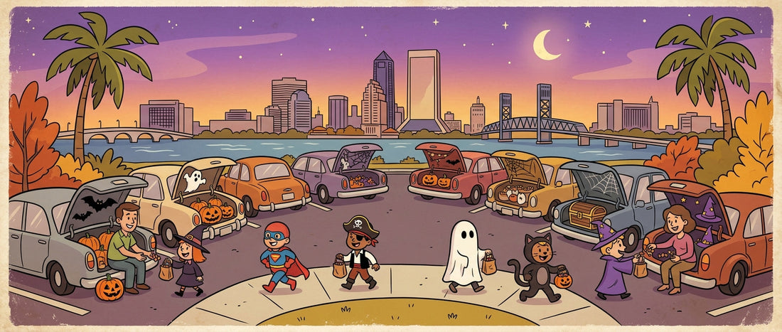 Illustration of a lively trunk-or-treat event in an urban riverfront park at dusk. Costumed children collect candy, with the Jacksonville, FL city skyline, palm trees, and autumn leaves in the background under a crescent moon.