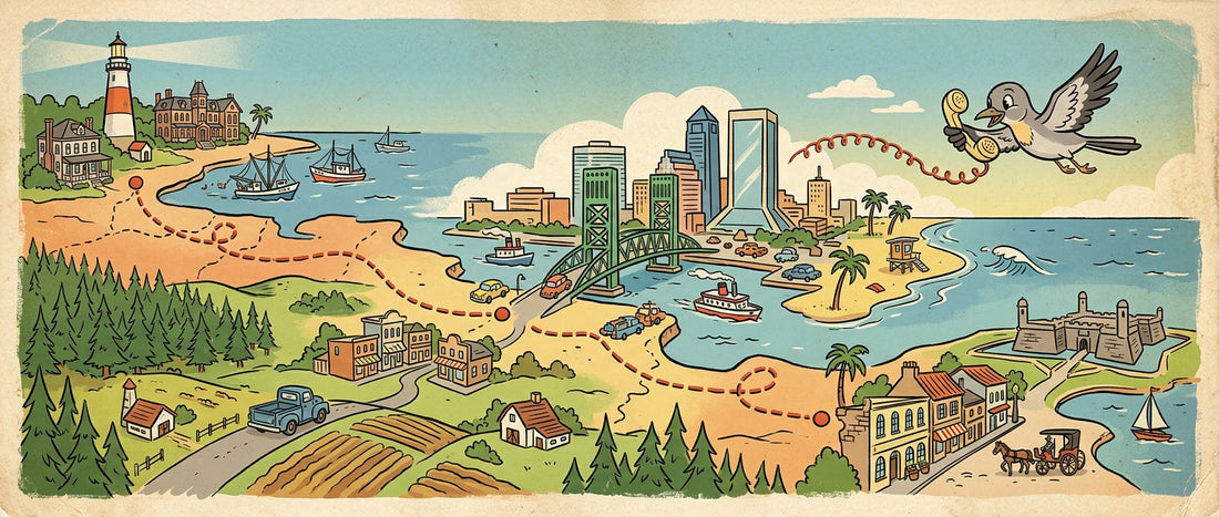 A retro map illustration of Northeast Florida's 904 area code, featuring a bird with a telephone receiver flying over landmarks from Fernandina Beach and Jacksonville down to St. Augustine.
