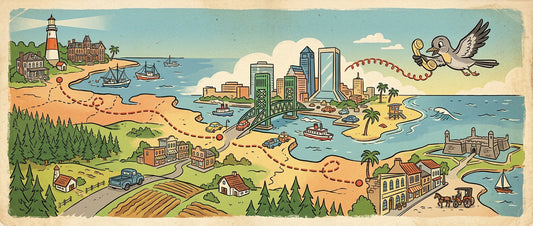 A retro map illustration of Northeast Florida's 904 area code, featuring a bird with a telephone receiver flying over landmarks from Fernandina Beach and Jacksonville down to St. Augustine.