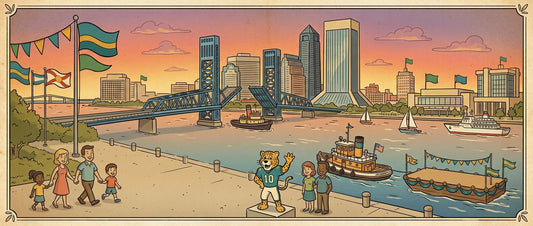Jacksonville skyline, Main Street Bridge, St. Johns River, 904 Day, and vintage cartoon illustration.