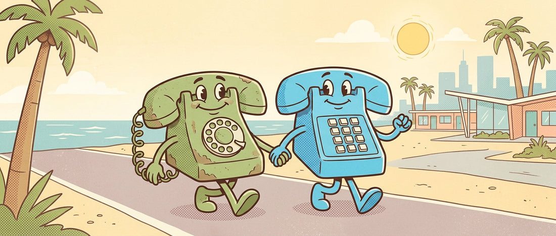 Vintage cartoon illustration of a distressed green rotary telephone and a teal push-button telephone, both with faces, holding hands and walking together down a sunny, tropical Florida beach road.