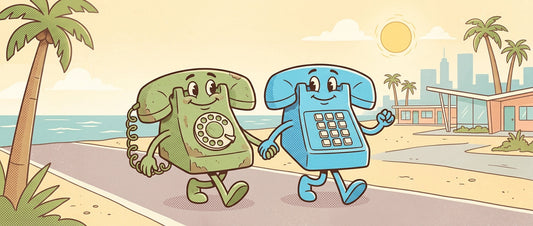Vintage cartoon illustration of a distressed green rotary telephone and a teal push-button telephone, both with faces, holding hands and walking together down a sunny, tropical Florida beach road.