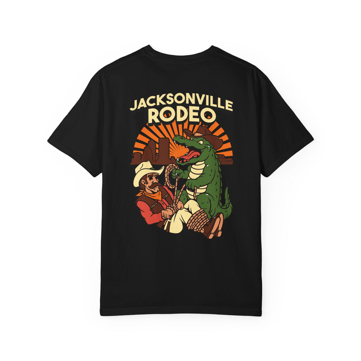 Jacksonville Rodeo w/ Front Logo T-Shirt: Vintage Cowboy & Alligator Rodeo Graphic Tee