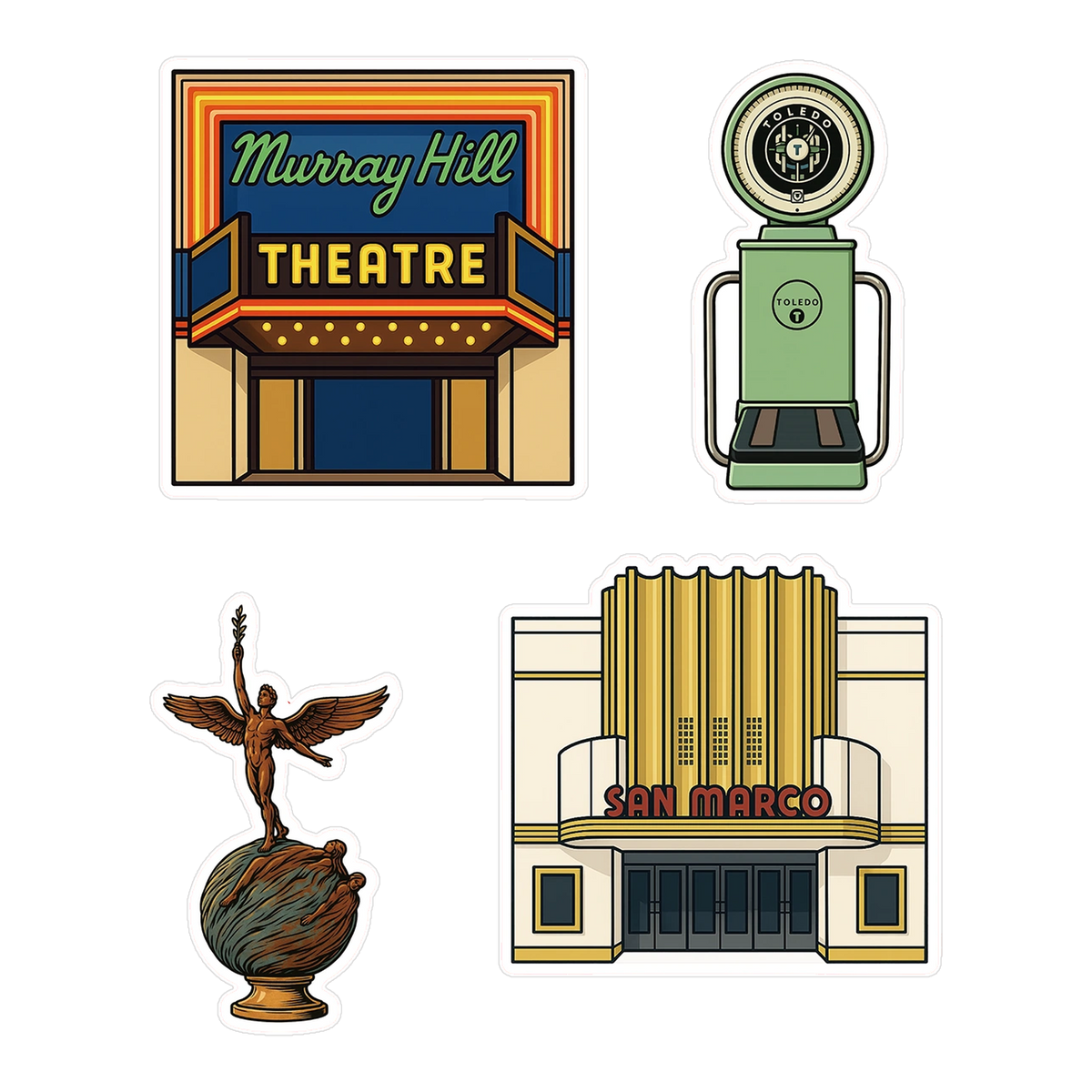 Jacksonville sticker sheet with Murray Hill Theatre, Toledo Publix scale, Memorial Park Life sculpture and San Marco Theatre vinyl stickers