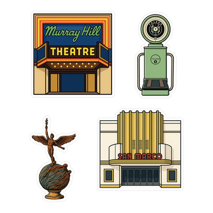 Jacksonville sticker sheet with Murray Hill Theatre, Toledo Publix scale, Memorial Park Life sculpture and San Marco Theatre vinyl stickers