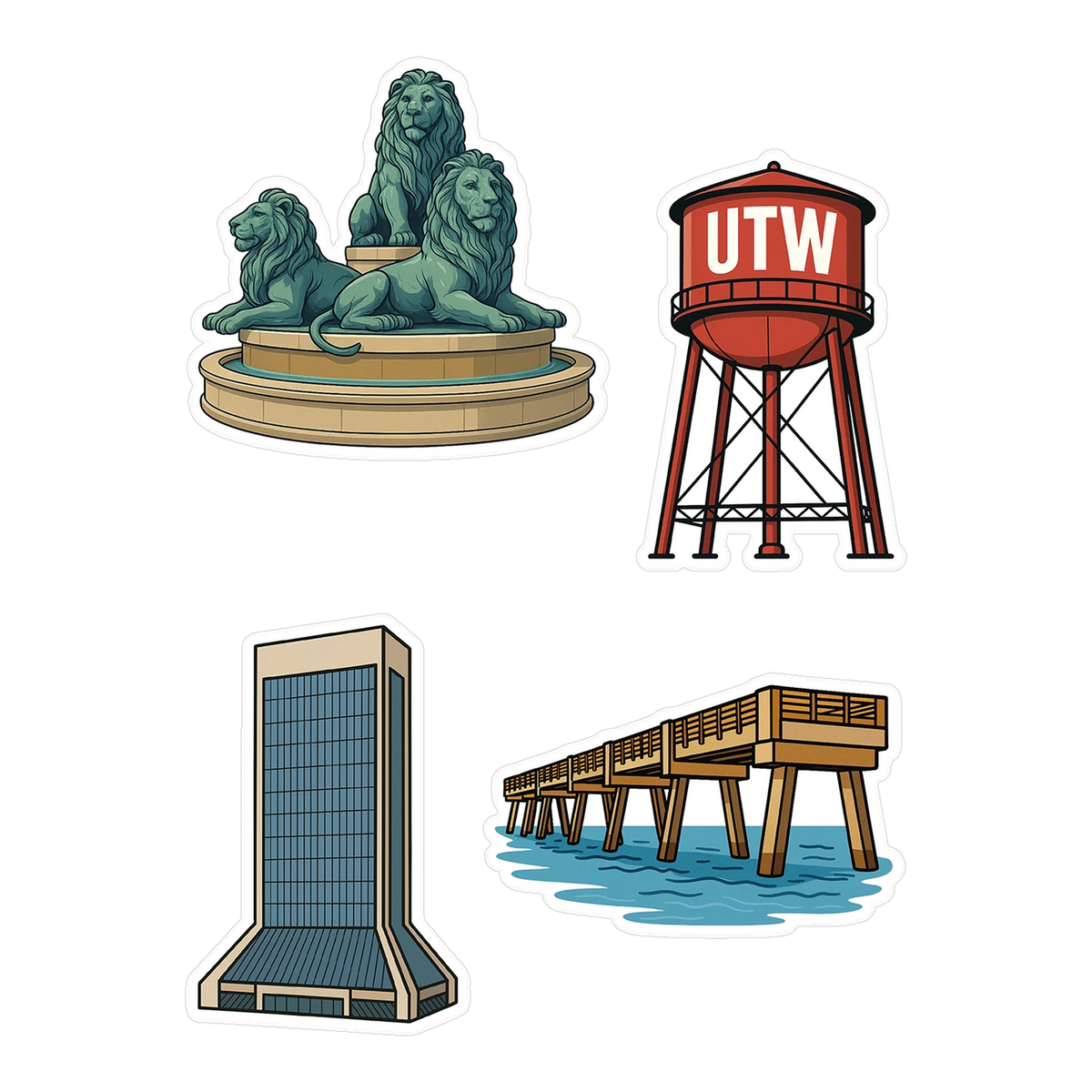 Jacksonville sticker sheets with Wells Fargo Building, San Marco lions, UTW water tower and Jax Beach Pier
