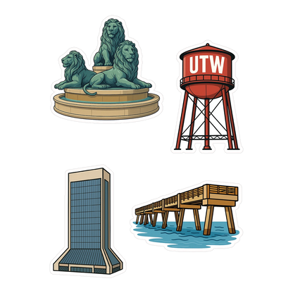 Jacksonville sticker sheets with Wells Fargo Building, San Marco lions, UTW water tower and Jax Beach Pier