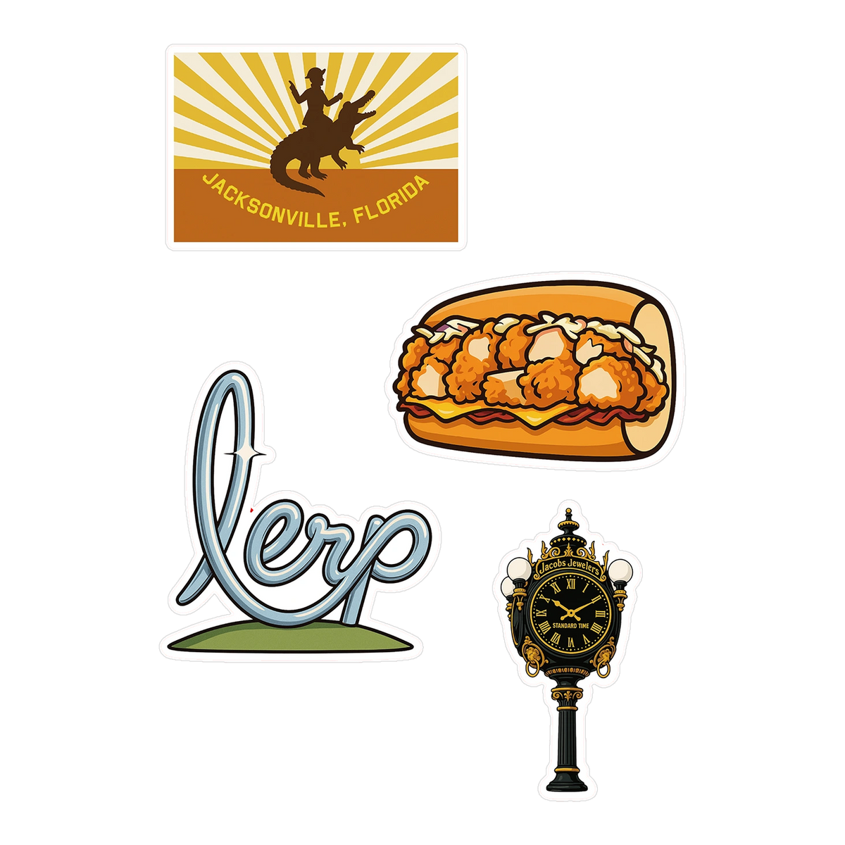 Jacksonville sticker pack front showing Jax Humor gator flag, Publix Jags pub sub, Lerp statue and Jacobs Jewelers Clock waterproof vinyl stickers