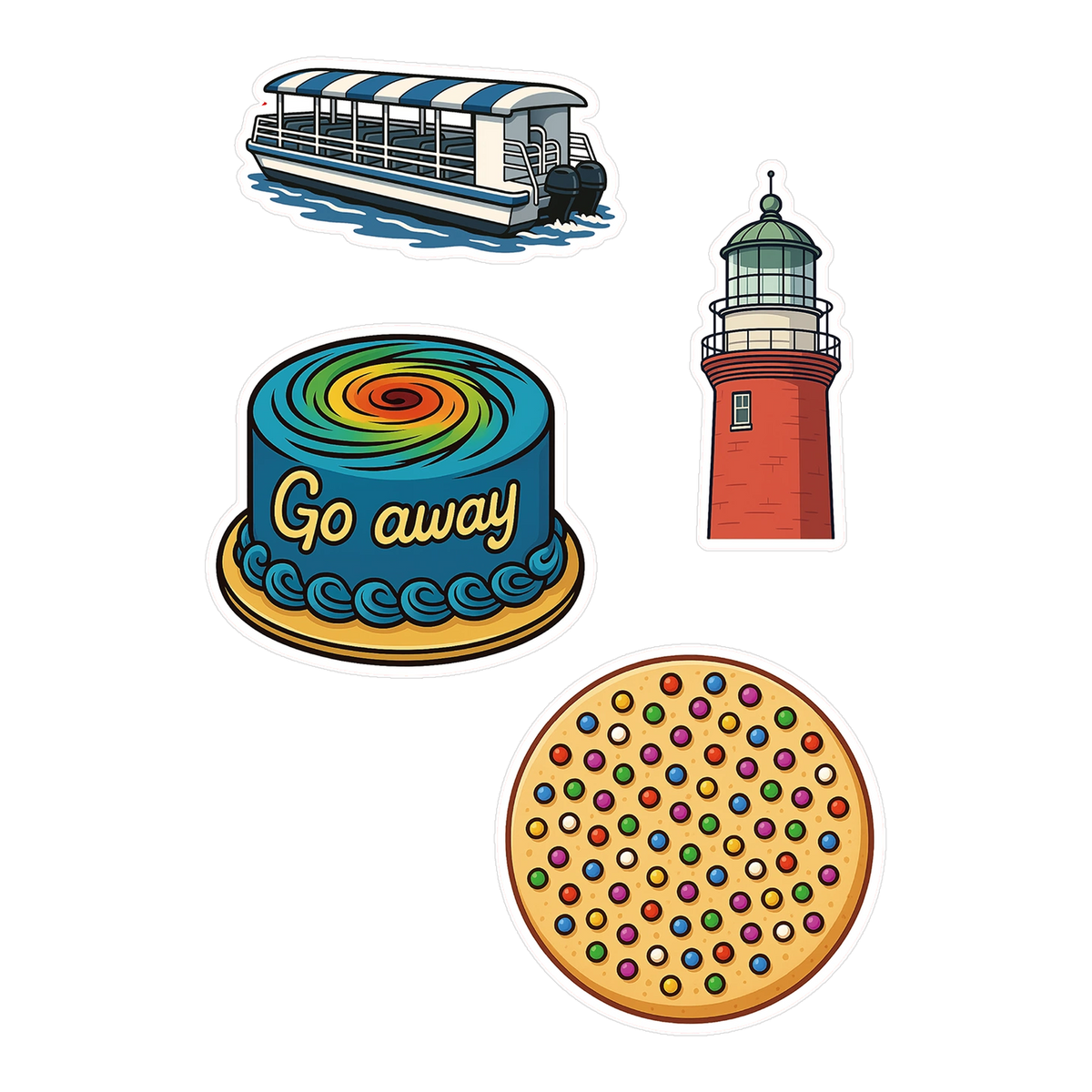 Jacksonville sticker sheets with St. Johns water taxi, St. Johns lighthouse, Publix hurricane cake, and Publix free cookie