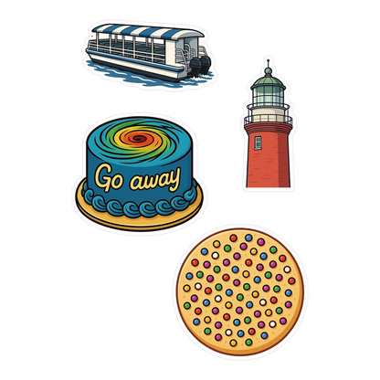 Jacksonville sticker sheets with St. Johns water taxi, St. Johns lighthouse, Publix hurricane cake, and Publix free cookie