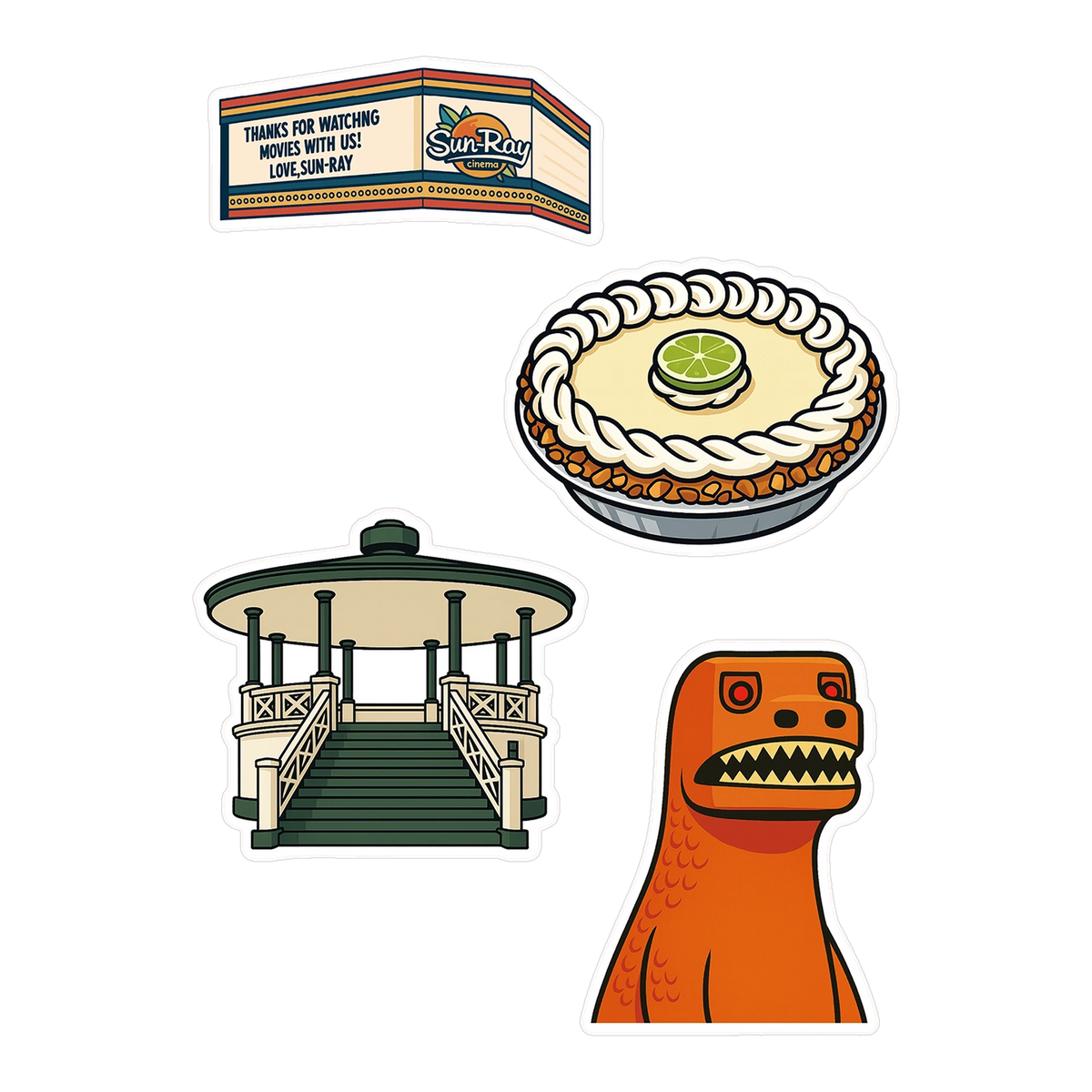 Jacksonville sticker pack sheets with Sun-Ray marquee, Publix key lime pie, Klutho Park bandstand, and Rex the Dinosaur
