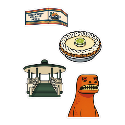 Jacksonville sticker pack sheets with Sun-Ray marquee, Publix key lime pie, Klutho Park bandstand, and Rex the Dinosaur